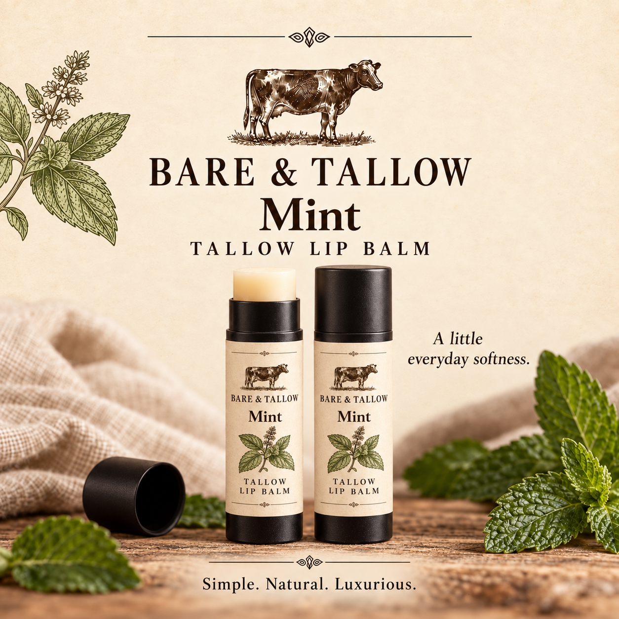 Bare & Tallow Mint lip chap tubes with the original cream cow-and-mint botanical labels