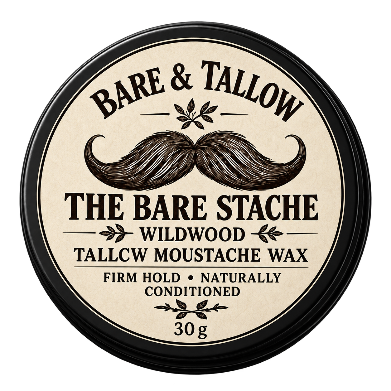 Bare & Tallow Wildwood Bare Stache tallow moustache wax in a black tin, with vintage cream botanical branding